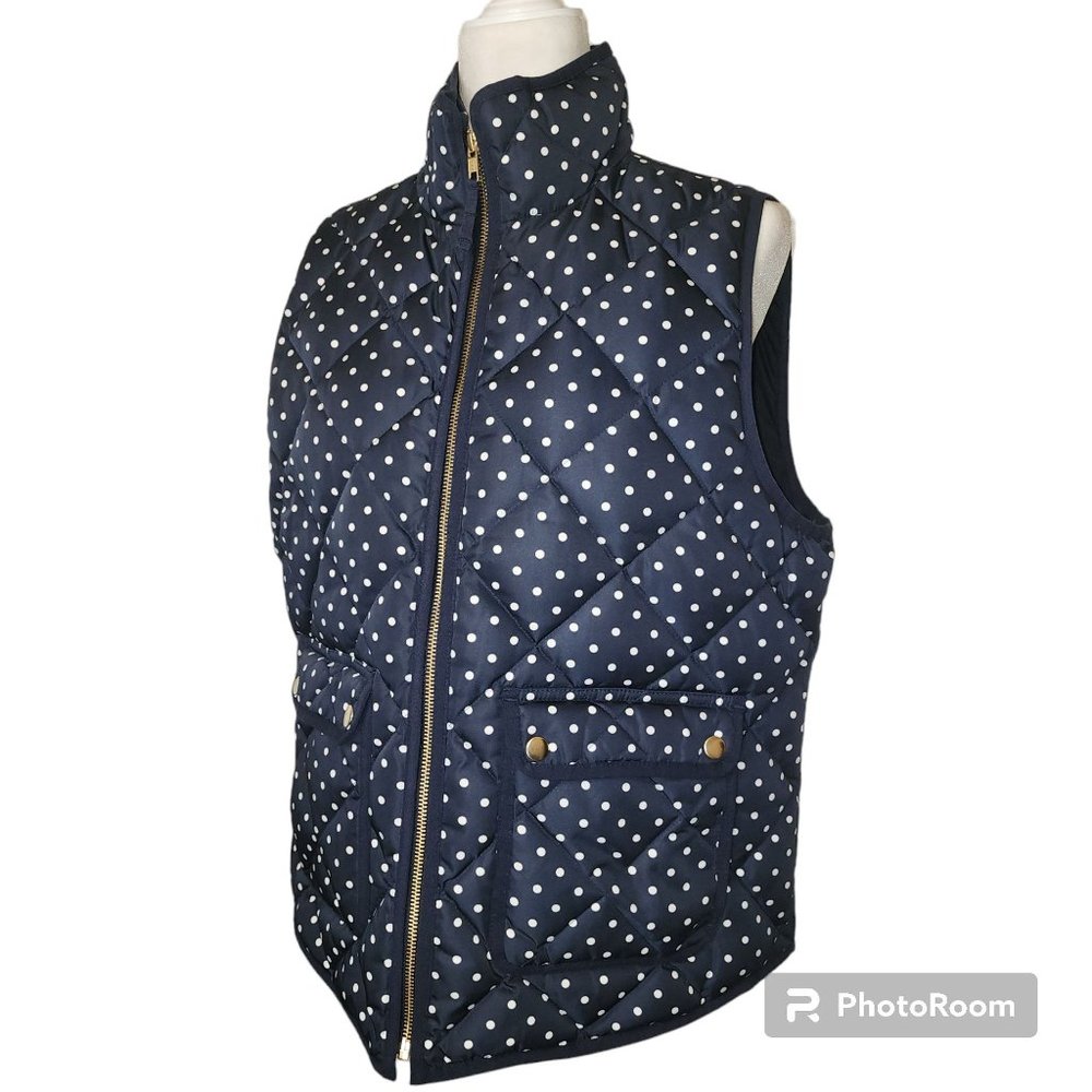 EUC Navy and Blue Dot Quilted Zip Vest with Pockets- J Crew